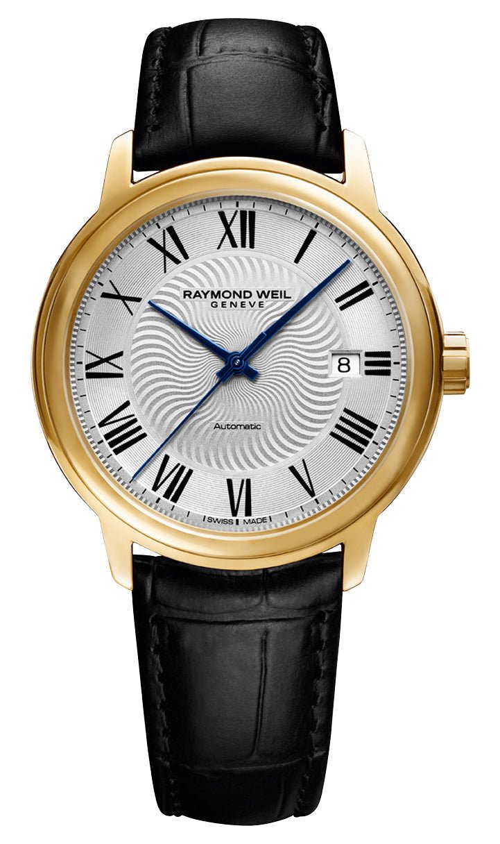 Raymond Weil Maestro Automatic Yellow Gold PVD Silver Dial Black Leather Strap Date Mens Watch 2237 - PC - 00659 - Watches & Beyond