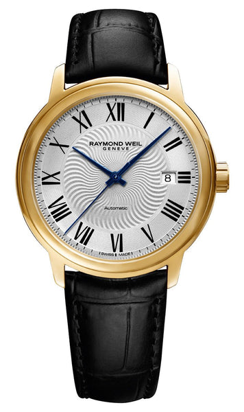 Raymond Weil Maestro Automatic Yellow Gold PVD Silver Dial Black Leather Strap Date Mens Watch 2237 - PC - 00659 - Watches & Beyond