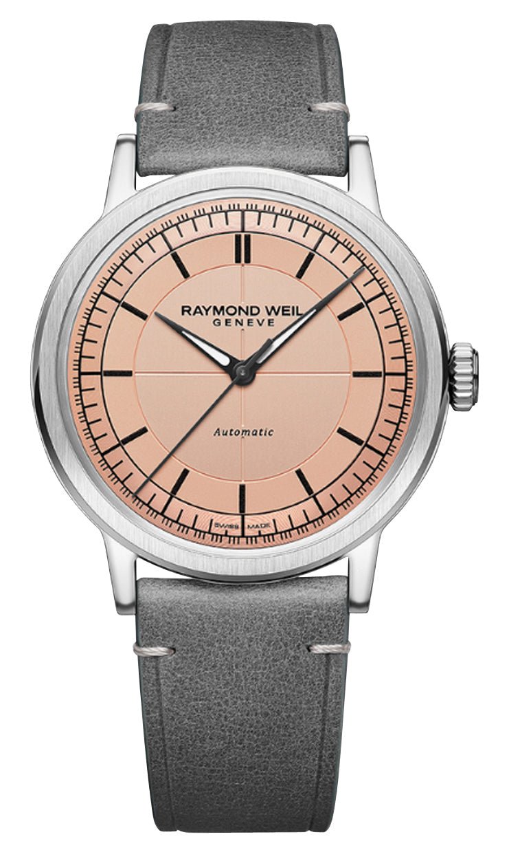 Raymond Weil Millesime Automatic Stainless Steel Pink Dial Gray Leather Strap Mens Watch 2925 - STC - 80001 - Watches & Beyond