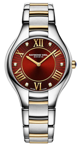 Raymond Weil Noemia Two - Tone Stainless Steel Red Dial Diamonds Quartz Womens Watch 5132 - STP - 00456 - WAB - Shipping Dept.