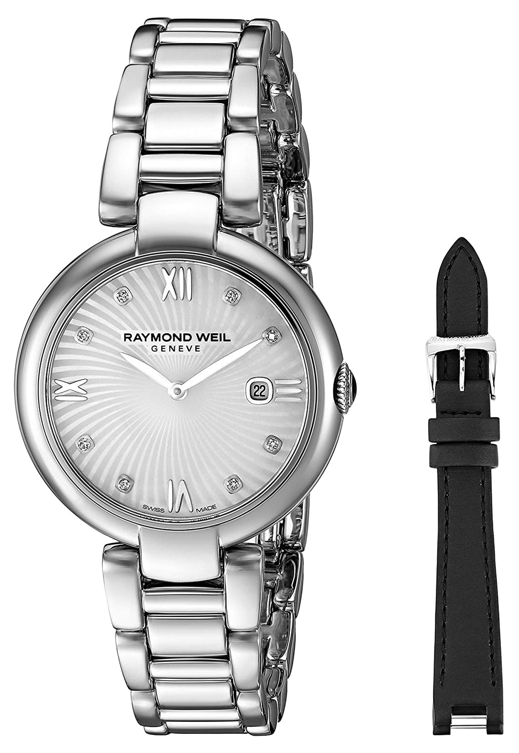 Raymond Weil Shine Stainless Steel Diamonds Mother - of - Pearl Dial Interchangeable Black Satin Strap Date Quartz Womens Watch 1600 - ST - 00995 - WAB - Shipping Dept.