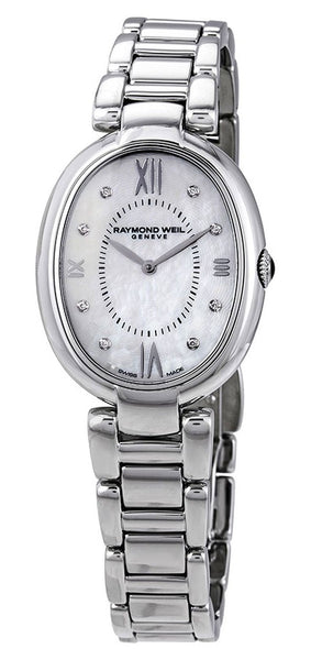 Raymond Weil Shine Stainless Steel Oval Case Diamonds Mother - of - Pearl Dial Interchangeable Black Satin Strap Quartz Womens Watch 1700 - ST - 00995 - WAB - Shipping Dept.