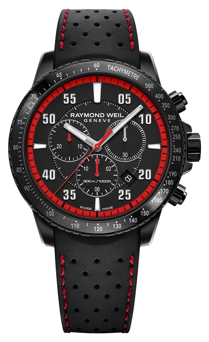 Raymond Weil Tango Chronograph Black PVD Black/Red Dial Black Rubber Strap Date Divers Quartz Mens Watch 8570 - BKR - 05240 - WAB - Shipping Dept.