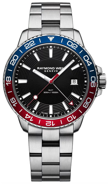 Raymond Weil Tango GMT Stainless Steel Black Dial Pepsi Bezel Date Divers Quartz Mens Watch 8280 - ST3 - 20001 - WAB - Shipping Dept.