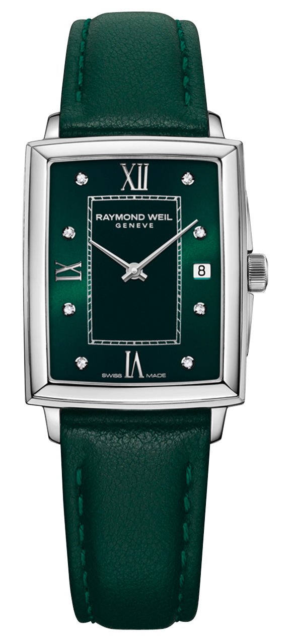 Raymond Weil Toccata Stainless Steel Green Dial Green Leather Strap Diamonds Date Quartz Womens Watch 5925 - STC - 00521 - WAB - Shipping Dept.