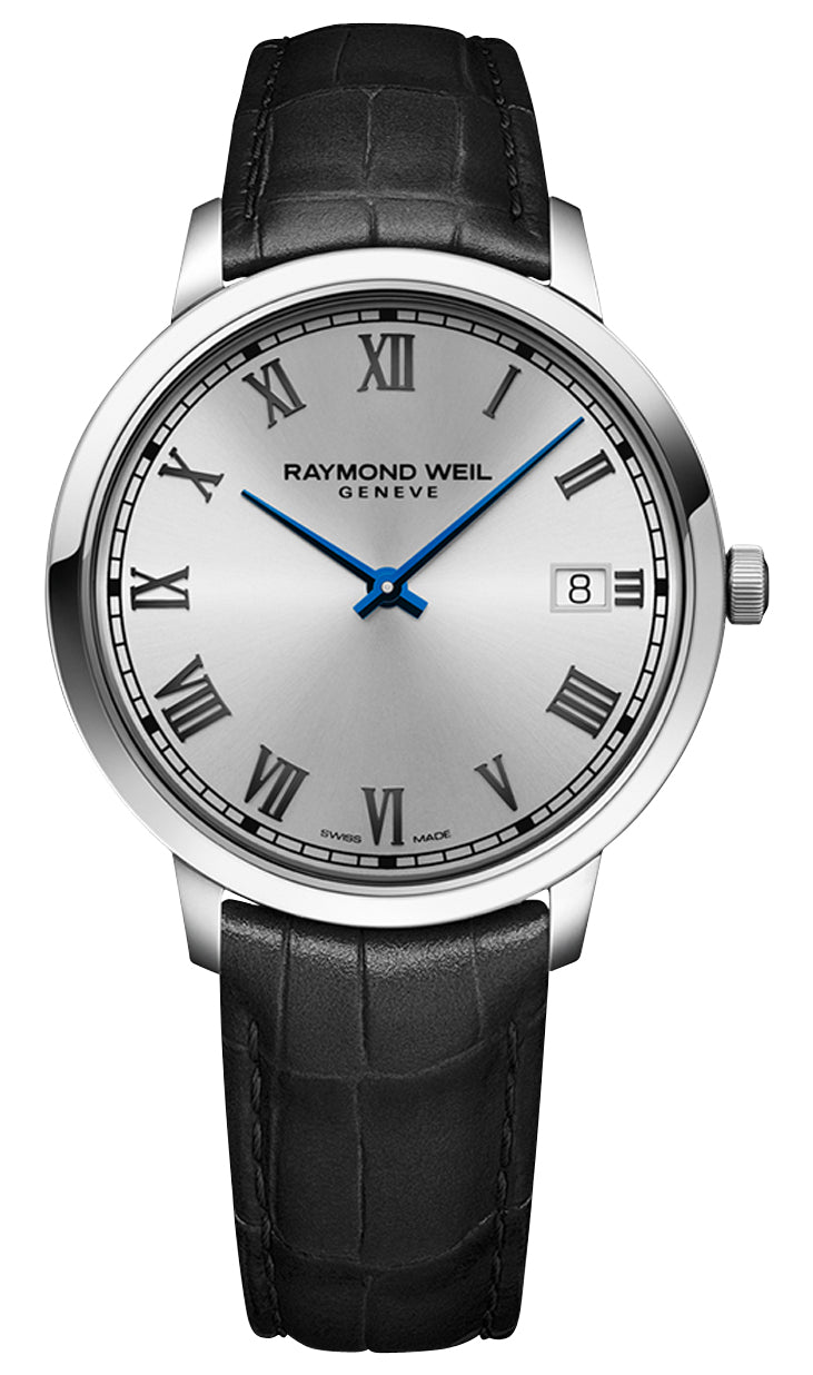 Raymond Weil Toccata Stainless Steel Silver Dial Black Leather Strap Date Quartz Mens Watch 5585 - STC - 00659 - WAB - Shipping Dept.