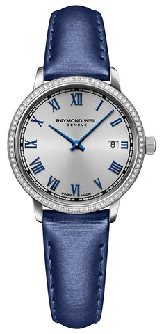 Raymond Weil Toccata Stainless Steel Silver Dial Blue Satin Strap Diamonds Date Quartz Womens Watch 5985 - SCS - 00653 - WAB - Shipping Dept.