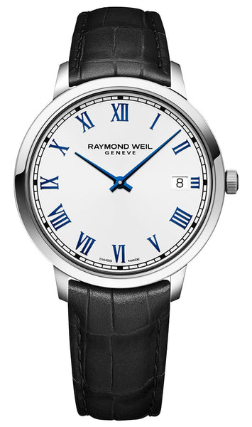 Raymond Weil Toccata Stainless Steel White Dial Black Leather Strap Date Quartz Mens Watch 5585 - STC - 00353 - WAB - Shipping Dept.