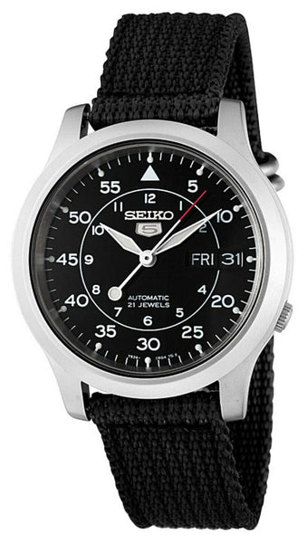 Seiko 5 Automatic Black Canvas Black Dial Day - Date Mens Watch SNK809K2 - WAB - Shipping Dept.