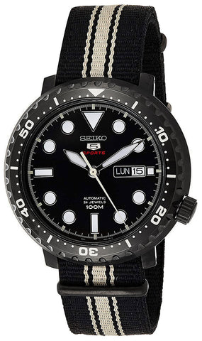 Seiko 5 Sports Automatic Black and White Nylon NATO Strap Black Dial Day - Date Mens Watch SRPC67K1 - WAB - Shipping Dept.