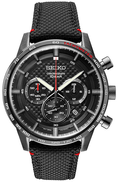 Seiko Chronograph Black Stainless Steel Black Dial Nylon Leather Band Quartz Date Mens Watch SSB359P1 - WAB - Shipping Dept.