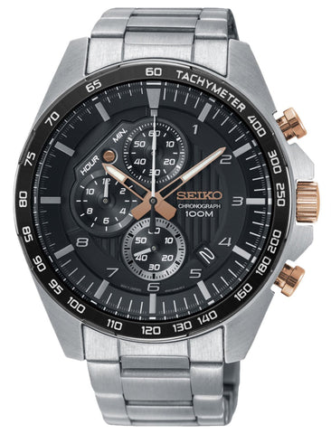 Seiko Motorsport Chronograph Stainless Steel Black Dial Date Quartz Mens Watch SSB323P1 - WAB - Shipping Dept.