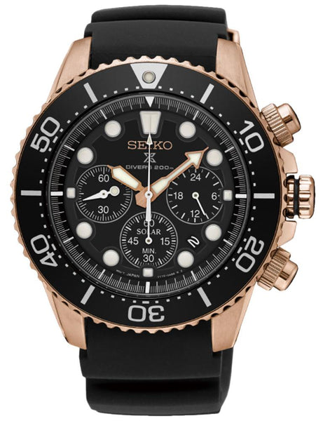 Seiko Prospex Chronograph Solar Rose Gold - Tone Steel Black Dial Black Silicone Strap Date Divers Mens Watch SSC618P1 - WAB - Shipping Dept.