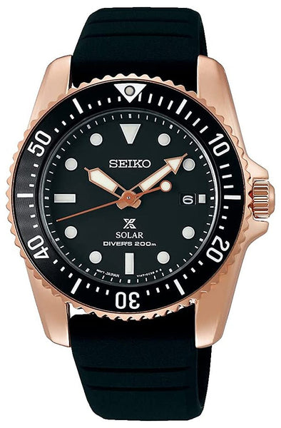 Seiko Prospex Solar Rose Gold PVD Black Dial Black Silicone Strap Date Divers Quartz Mens Watch SNE586P1 - WAB - Shipping Dept.