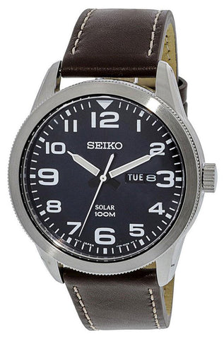 Seiko Solar Brown Leather Strap Dark Blue Dial Day - Date Mens Watch SNE475P1 - WAB - Shipping Dept.