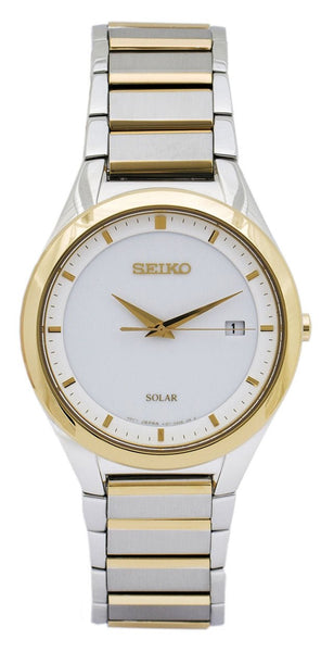 Seiko Two - Tone Stainless Steel White Dial Date Solar Quartz Mens Watch SNE246P1 - WAB - Shipping Dept.