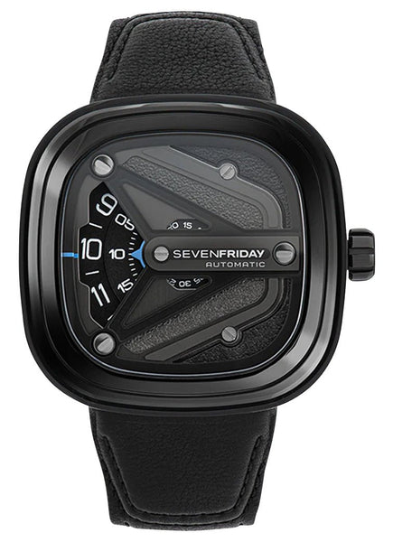 SEVENFRIDAY M-Series Spaceship Automatic Black PVD Steel Black Dial Black Leather Strap Mens Watch M3/07 - Watches & Beyond