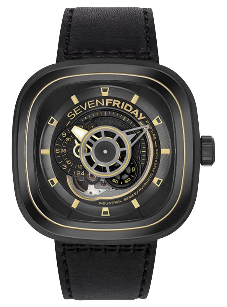 SEVENFRIDAY P - Series Automatic Gunmetal PVD Black Dial Black Leather Strap Mens Watch P2B/02 - Watches & Beyond