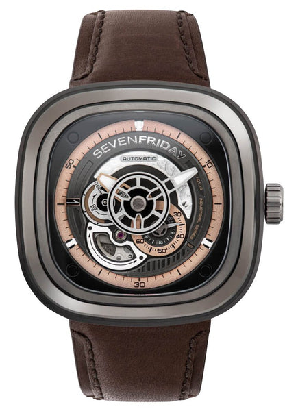 SEVENFRIDAY P - Series Automatic Gunmetal PVD Black Skeleton Dial Brown Leather Strap Mens Watch P2C/01 - WAB - Shipping Dept.