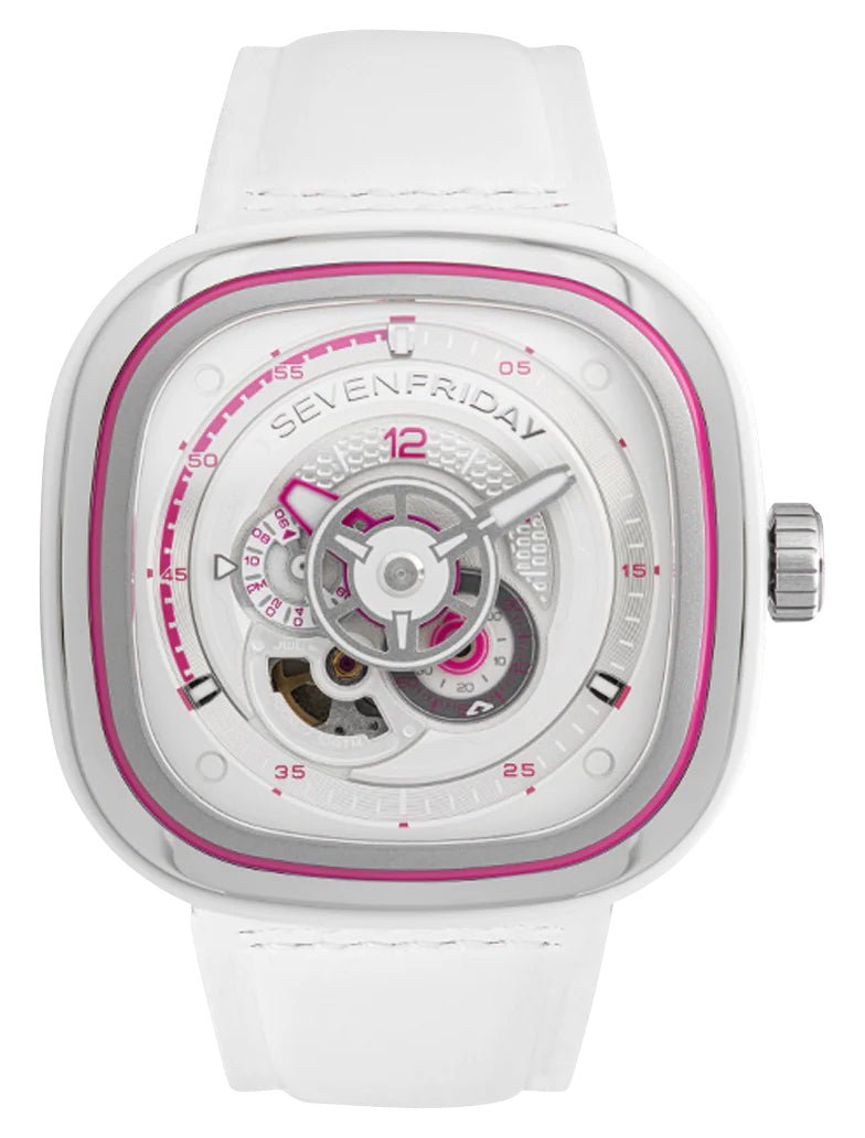 SEVENFRIDAY P - Series Beach Club Automatic Stainless Steel White/Silver Dial White Leather Strap Unisex Watch P3C/12 - Watches & Beyond