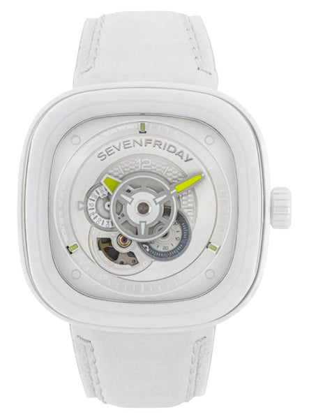 SEVENFRIDAY P - Series Caipi Automatic White Ceramic White Leather Strap Mens Watch P1C/04 - Watches & Beyond