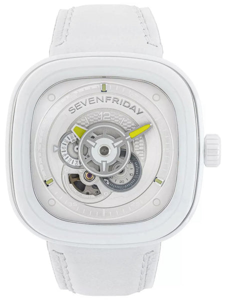 SEVENFRIDAY P - Series Caipi Automatic White Ceramic White Leather Strap Mens Watch P1C/04 - Watches & Beyond