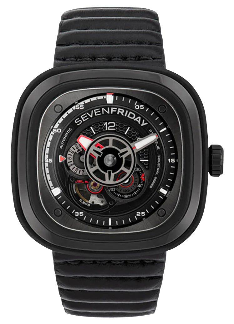 SEVENFRIDAY P - Series Racer III Automatic Black PVD Black Dial Black Leather Strap Mens Watch P3C/06 - Watches & Beyond