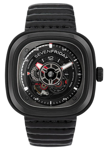 SEVENFRIDAY P - Series Racer III Automatic Black PVD Black Dial Black Leather Strap Mens Watch P3C/06 - Watches & Beyond