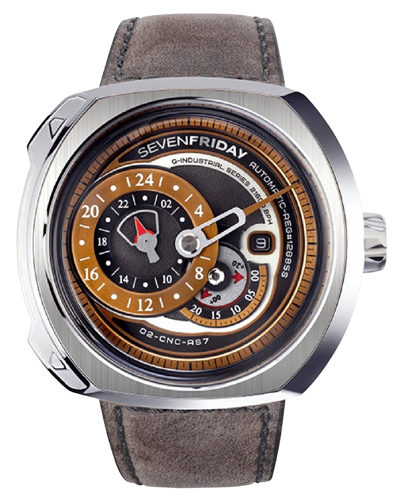 SEVENFRIDAY Q - Series Automatic Stainless Steel Gold/Brown Dial Gray Leather Strap Date Mens Watch Q2/01 - Watches & Beyond