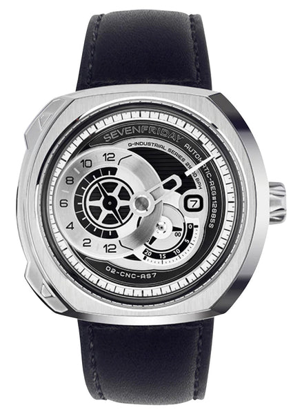 SEVENFRIDAY Q - Series Automatic Stainless Steel Silver/Gray Dial Black Leather Strap Date Mens Watch Q1/03 - Watches & Beyond