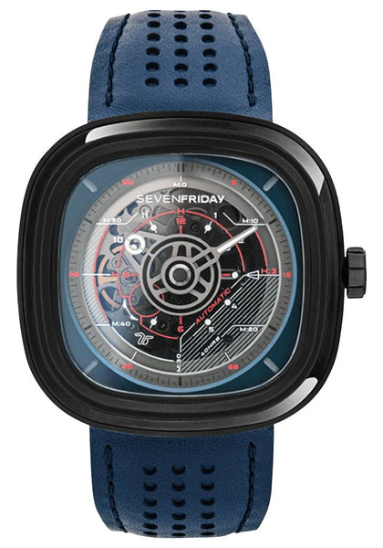 SEVENFRIDAY T-Series Automatic Black PVD Blue Skeleton Dial Blue Leather Strap Mens Watch T3/03 - Watches & Beyond