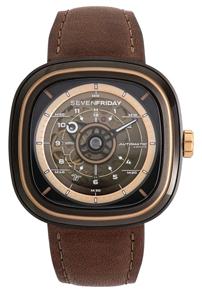 SEVENFRIDAY T - Series Automatic Gunmetal PVD Brown Skeleton Dial Brown Leather Strap Mens Watch T2/03 - WAB - Shipping Dept.