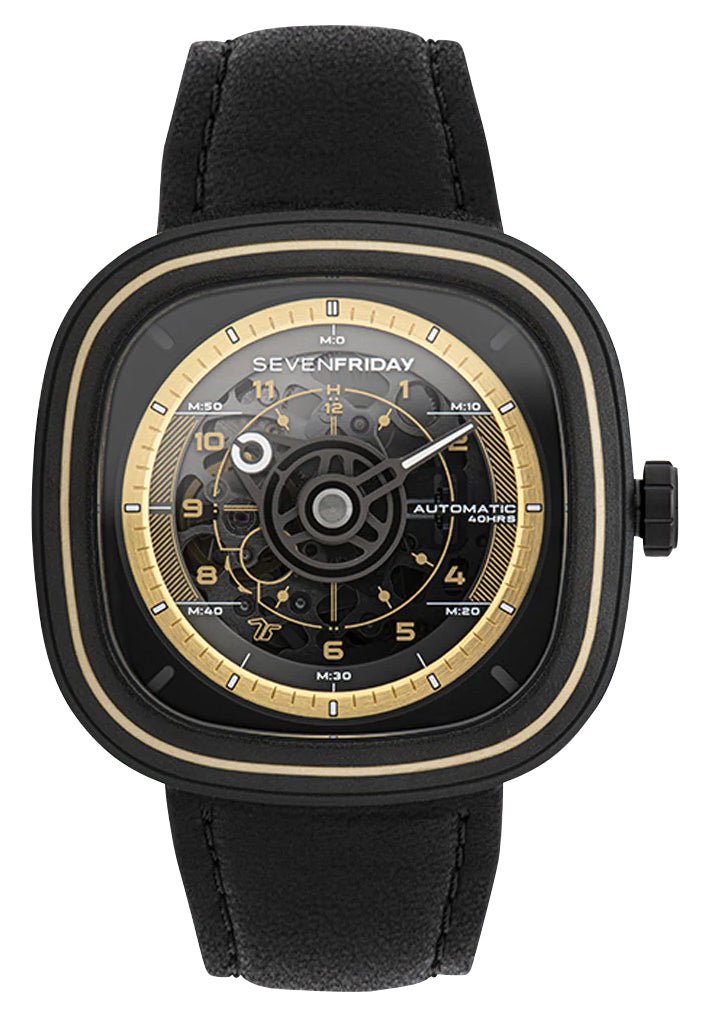 SEVENFRIDAY T - Series T - Works Automatic Black PVD Steel Skeleton Dial Black Leather Strap Mens Watch T2/06 - WAB - Shipping Dept.