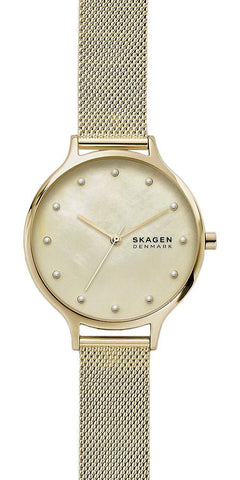 Skagen Anita Gold - Tone Steel Mesh Mother - of - Pearl Dial Women's Watch SKW2774 - WAB - Shipping Dept.