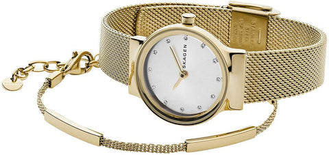 Skagen Freja Gold - Tone Steel Mesh Women's Watch and Bracelet Set SKW1108 - WAB - Shipping Dept.