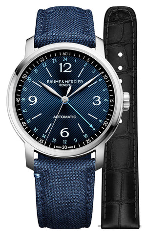 Special Edition Baume & Mercier Classima Automatic GMT Stainless Steel Blue Dial Blue Fabric Interchangeable Black Leather Strap Mens Watch M0A10734 - WAB - Shipping Dept.