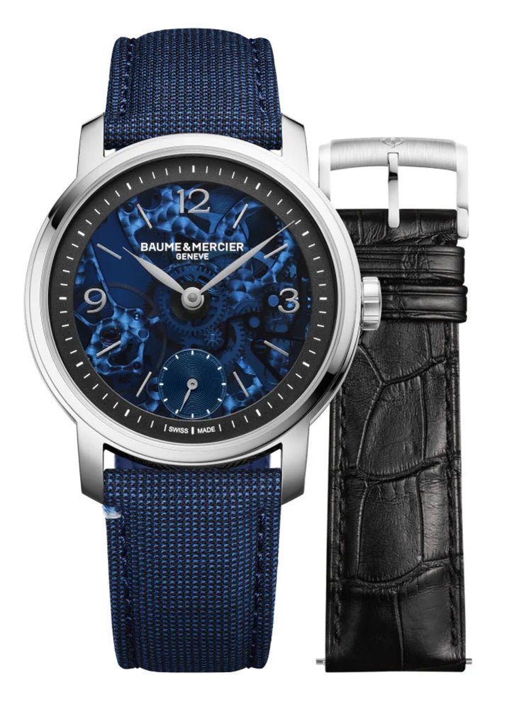 Special Edition Baume & Mercier Classima Manual Wind Stainless Steel Blue Skeleton Dial Blue Fabric Interchangeable Black Leather Strap Mens Watch M0A10735 - Watches & Beyond