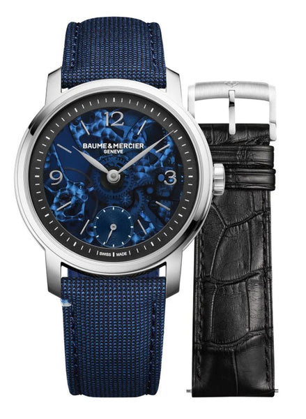 Special Edition Baume & Mercier Classima Manual Wind Stainless Steel Blue Skeleton Dial Blue Fabric Interchangeable Black Leather Strap Mens Watch M0A10735 - Watches & Beyond