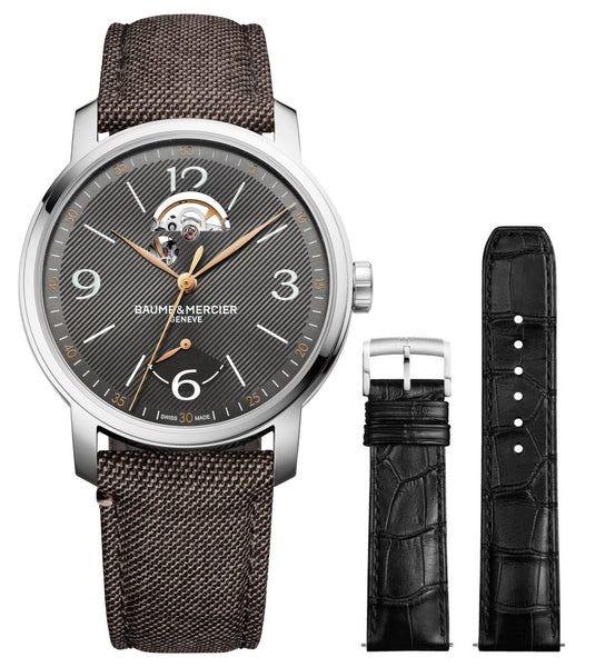 Special Edition Baume & Mercier Classima Power Reserve Automatic Stainless Steel Gray Dial Brown Fabric Interchangeable Black Leather Strap Mens Watch M0A10718 - WAB - Shipping Dept.