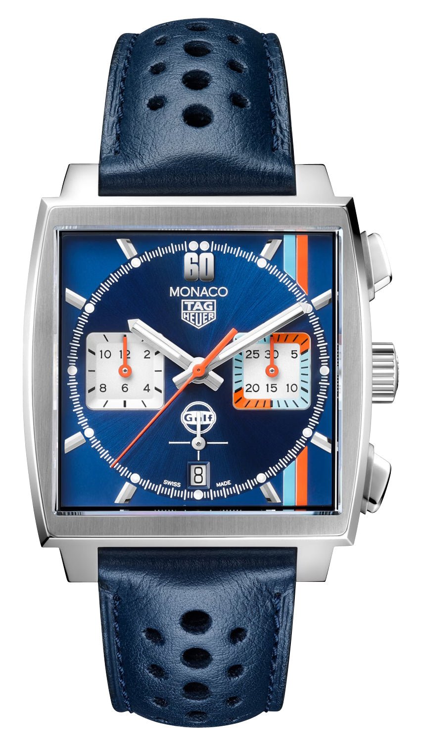 Special Edition TAG Heuer Monaco Gulf Automatic Chronograph Stainless Steel Blue Dial Blue Leather Strap Date Mens Watch CBL2115.FC6494 - WAB - Shipping Dept.