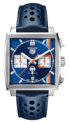 Special Edition TAG Heuer Monaco Gulf Automatic Chronograph Stainless Steel Blue Dial Blue Leather Strap Date Mens Watch CBL2115.FC6494 - WAB - Shipping Dept.