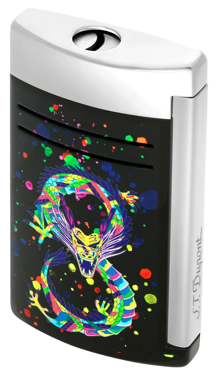 S.T. Dupont Maxijet Dragon Lighter Chrome Metal & Black Lacquer 020177 - Watches & Beyond