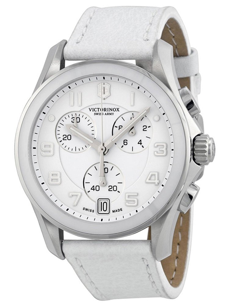 Swiss Army Chrono Classic Stainless Steel & Ceramic White Leather Strap Womens Watch White Dial Date 241500 - Watches & Beyond