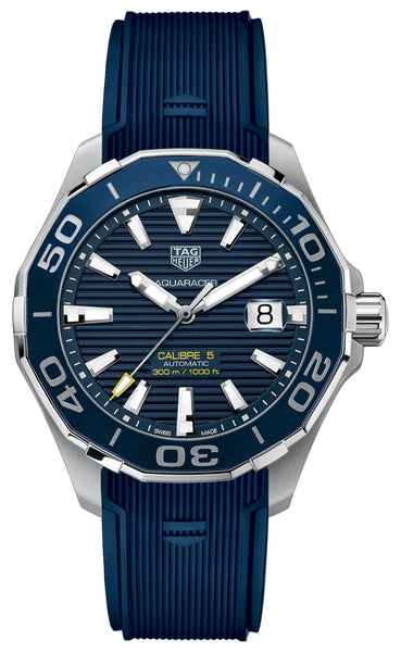 TAG Heuer Aquaracer Automatic Stainless Steel & Aluminum Blue Dial Blue Rubber Strap Date Divers Mens Watch WAY201B.FT6150 - Watches & Beyond