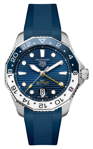 TAG Heuer Aquaracer Professional 300 GMT Automatic Stainless Steel Blue Dial Blue Rubber Strap Date Divers Mens Watch WBP2010.FT6198 - Watches & Beyond
