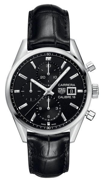 TAG Heuer Carrera Automatic Chronograph Stainless Steel Black Dial Black Leather Strap Date Mens Watch CBK2110.FC6266 - WAB - Shipping Dept.