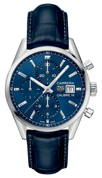 TAG Heuer Carrera Automatic Chronograph Stainless Steel Blue Dial Blue Leather Strap Date Mens Watch CBK2112.FC6292 - WAB - Shipping Dept.