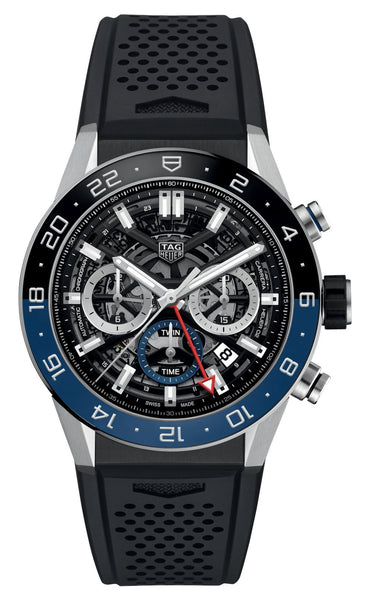 TAG Heuer Carrera Automatic GMT Chronograph Stainless Steel Black Skeleton Dial Black Rubber Strap Date Mens Watch CBG2A1Z.FT6157 - WAB - Shipping Dept.