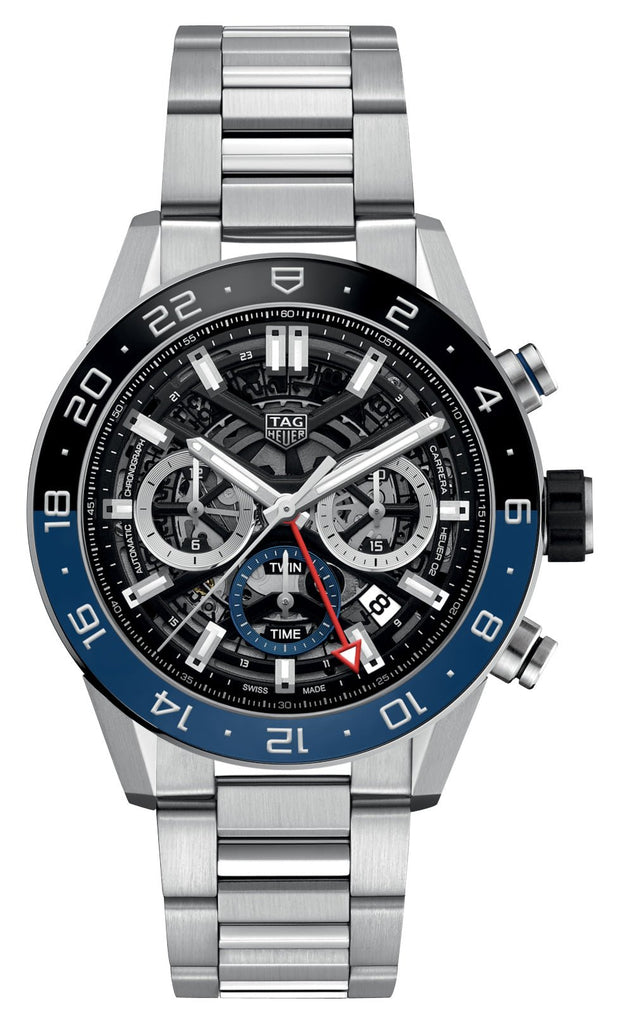 TAG Heuer Carrera Automatic GMT Chronograph Stainless Steel Black Skeleton Dial Date Mens Watch