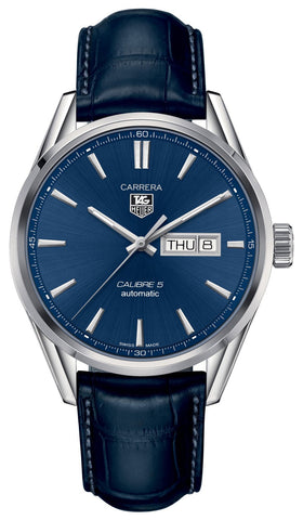 TAG Heuer Carrera Automatic Stainless Steel Blue Dial Blue Leather Strap Day/Date Mens Watch WAR201E.FC6292 - WAB - Shipping Dept.